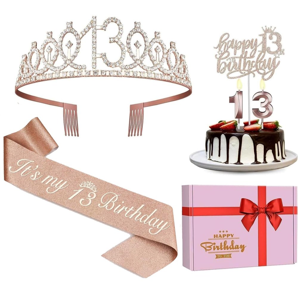 13th Birthday Decorations for Girls, Including Sash, Crown/Tiara, Candles and Cake Topper, Rose Gold Teen Girl Gifts for 13 Year Old Birthday Decorations