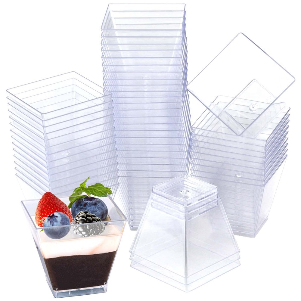 Oomcu 100 Pack 2oz Small Square Clear Plastic Dessert Cups Mini Disposable Tumbler Cups for Ice Cream,Yogurt, Pudding, Chocolate, Mousse, Candies, Appetizers,Snack, Parfait, Charcuterie, Party
