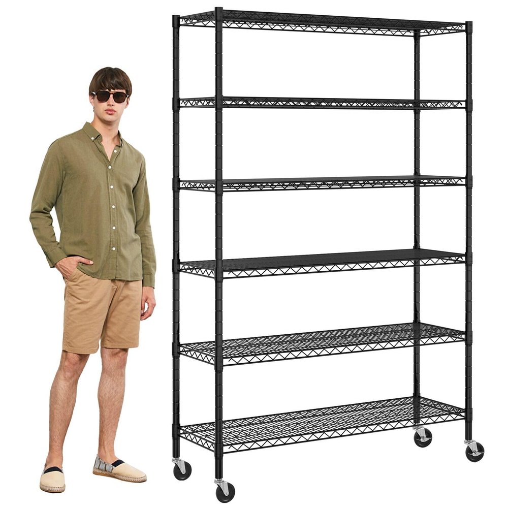 Dlewmsyic 6-Tier Heavy Duty Wire Shelving Unit - 6000lb Capacity, Adjustable NSF Metal Storage Rack with Wheels, 48" L18" W78" H for Garage, Pantry, Kitchen - Black