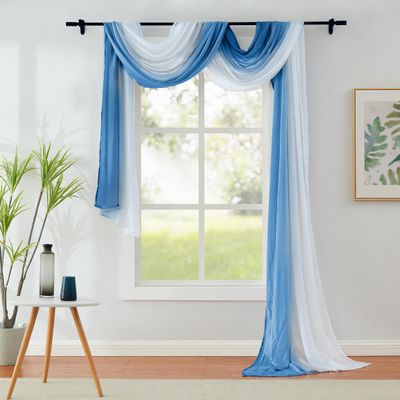 1 Piece Ombre Chiffon Sheer Window Scarf Valance Curtain 18ft for Living Room Bedroom Decor, 216 Inch Long Crinkle Soft Window Sheer Voile Valance for Holiday, Wedding Party Decor, Blue, 52"W