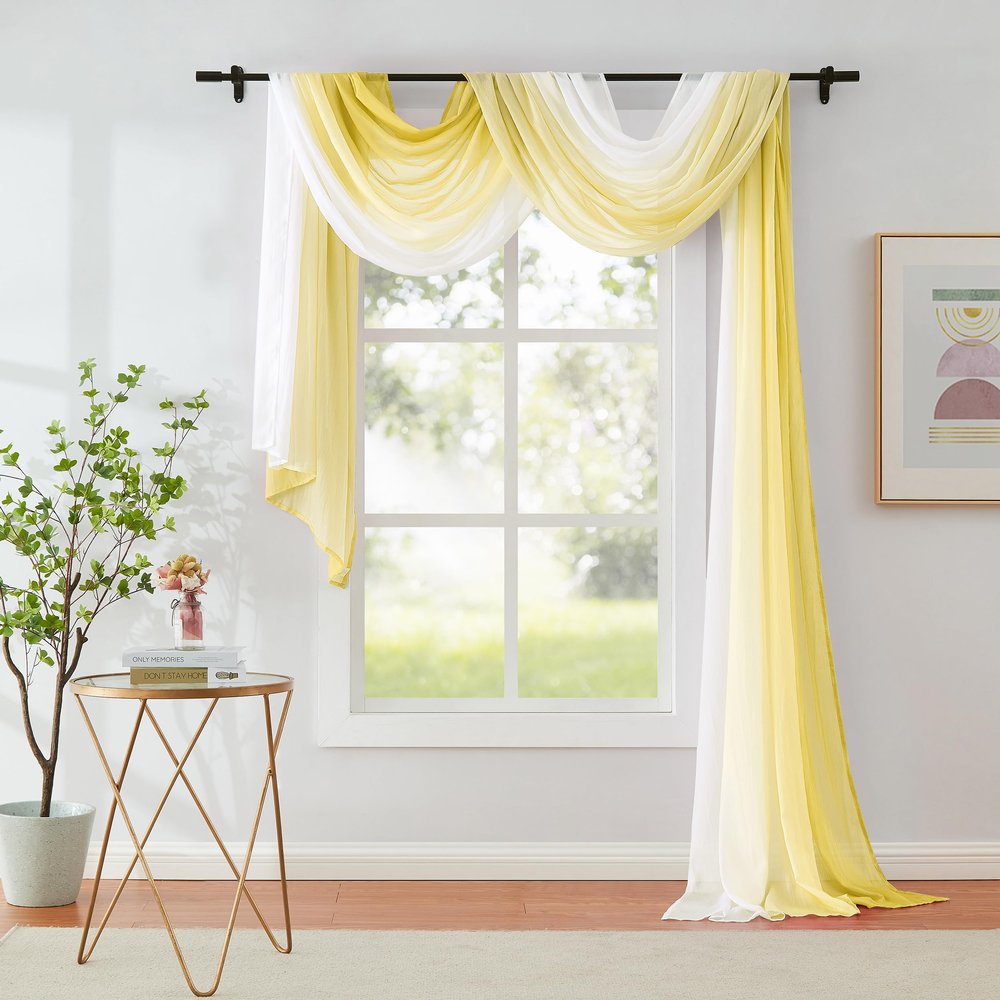 1 Piece Ombre Chiffon Sheer Window Scarf Valance Curtain 18ft for Living Room Bedroom Decor, 216 Inch Long Crinkle Soft Window Sheer Voile Valance for Holiday, Wedding Party Decor, Yellow, 52"W
