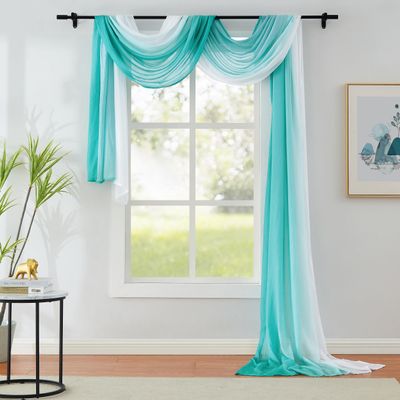 1 Piece Ombre Chiffon Sheer Window Scarf Valance Curtain 18ft for Living Room Bedroom Decor, 216 Inch Long Crinkle Soft Window Semi Sheer Voile Valance for Holiday, Wedding Party Decor, Teal, 52"W