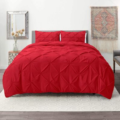 100% Cotton 600 Thread Count 3 Piece Pinch Pleated Duvet Set, 1 Piece Pinch Pleated Duvet Cover With Zipper Closure & Corner Ties And 2 Pillow Cover (King/California King Size, Red)