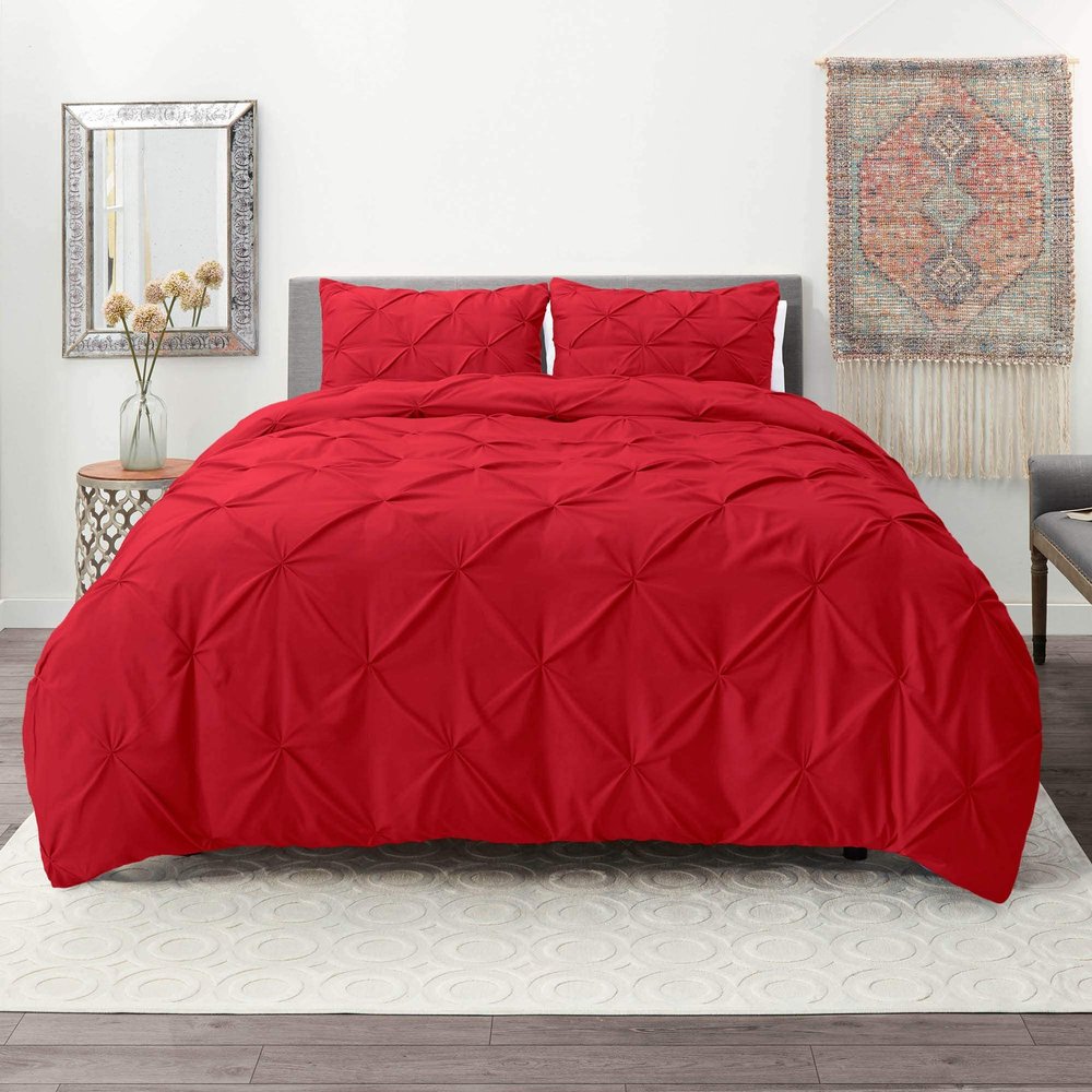 100% Cotton 600 Thread Count 3 Piece Pinch Pleated Duvet Set, 1 Piece Pinch Pleated Duvet Cover With Zipper Closure & Corner Ties And 2 Pillow Cover (King/California King Size, Red)