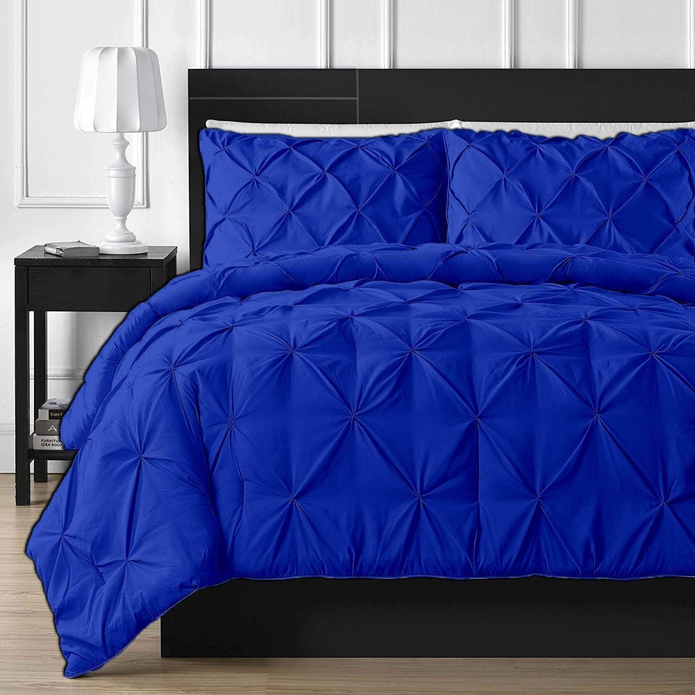100% Cotton 600 Thread Count 3 Piece Pinch Pleated Duvet Set, 1 Piece Pinch Pleated Duvet Cover With Zipper Closure & Corner Ties And 2 Pillow Cover (King/California King Size, Royal Blue)