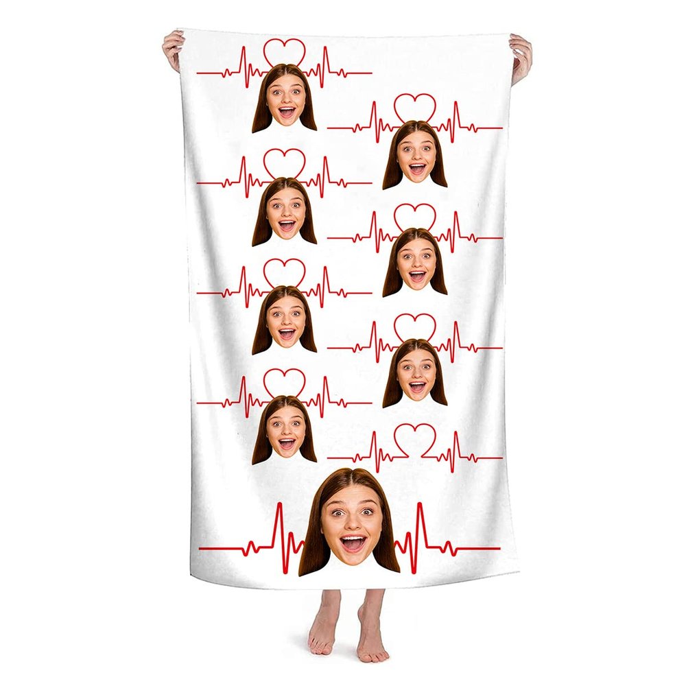 Artsadd Custom Photo Beach Towel Heartbeat Line Personalized Face Towels Bath Towels for Bathroom Swimming Outdoor Camping Sports Novelty Yoga Mat Oversized Big Blanket Gift for Boyfriend