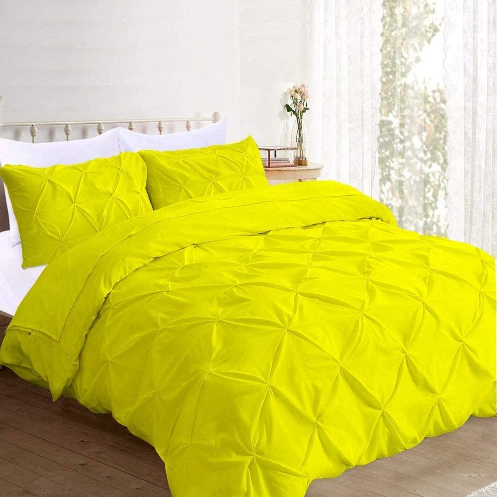 100% Cotton 600 Thread Count 3 Piece Pinch Pleated Duvet Set, 1 Piece Pinch Pleated Duvet Cover With Zipper Closure & Corner Ties And 2 Pillow Cover (King/California King Size, Yellow)