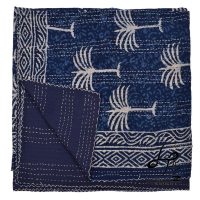 Handicrafts Plus Queen Size Kantha Quilt Cotton Handmade Gudari Bohemian Bedspread Blue Indian Ralli Hobo Blanket