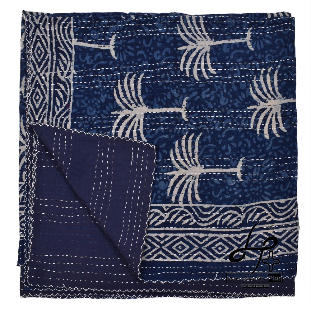Handicrafts Plus Queen Size Kantha Quilt Cotton Handmade Gudari Bohemian Bedspread Blue Indian Ralli Hobo Blanket