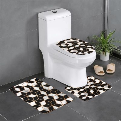 3 Piece Bath Mat Set Black and White Marble Pattern Bathroom Rug Non Slip Golden Lines Shower Rugs Extra Soft and Water Absorbent Luxurious Geometric Texture Floor Mats Toilet Contour Mat Lid Cover