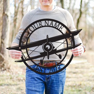 Personalized Family Name Propeller Plane Metal Sign - Customized Airplane With Established Year - Wall Art Gift for Boys/Pilot - Monogram Outdoor
