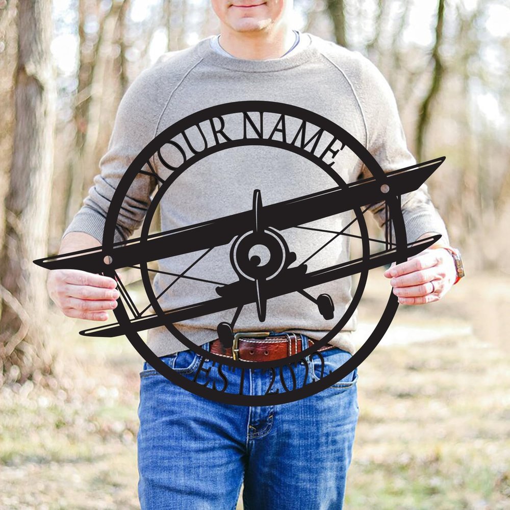 Personalized Family Name Propeller Plane Metal Sign - Customized Airplane With Established Year - Wall Art Gift for Boys/Pilot - Monogram Outdoor