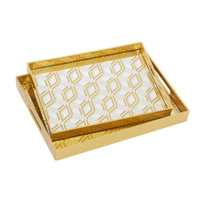 CosmoLiving by Cosmopolitan Plastic Geometric Mirrored Tray, Set of 2 14", 16"W, Gold