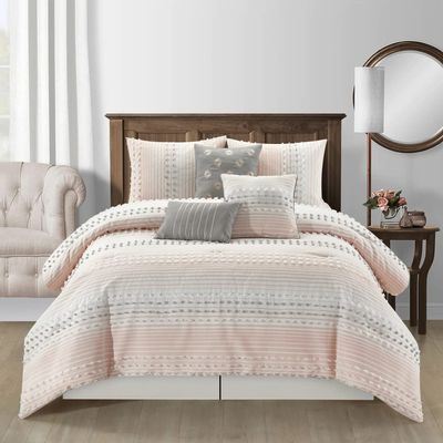 7 Piece Modern Contemporary Traditional Light Pink Comforter King Size l All Season Abstract Aesthetic Bedding Extra Soft Thick Light Decor Pillows Floral Design Beautiful Cute Sham