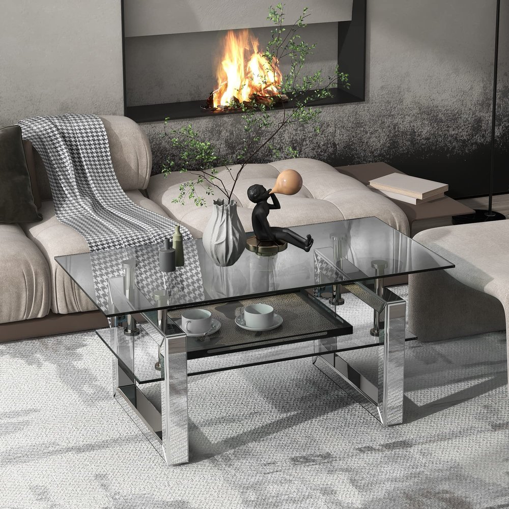 Yoglad 39.4" inch Coffee Table, Transparent Tempered Glass Accent Table with Double Layer, Rectangular Metal Frame Tea Table with Shelves, Home Dcor for Living Room, Dining Room (Silver)