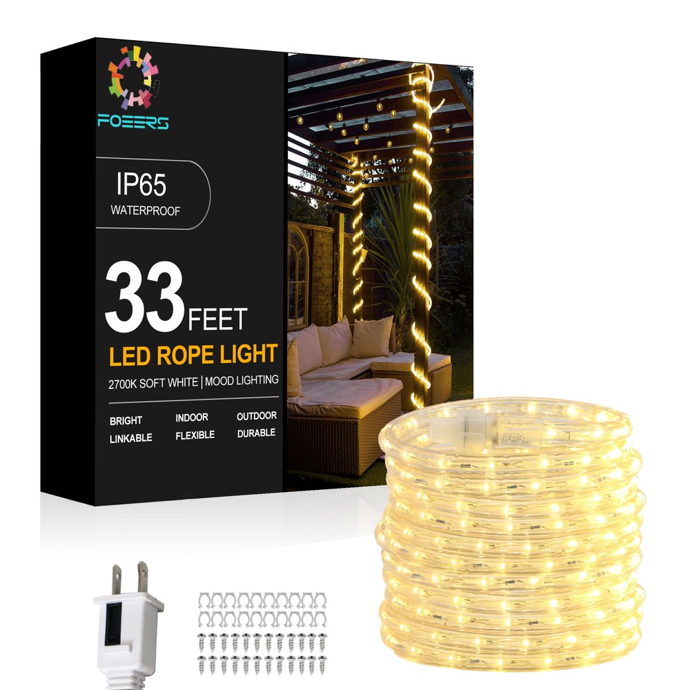 FOEERS 33FT 360 LED Rope Lights Outdoor - Connectable Waterproof Flexible Tube Lighting for Deck, Patio, Garden, Stair Railing & Above Cabinet Decor(Warm White)