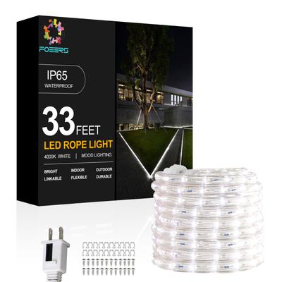 FOEERS 33FT White LED Rope Lights Outdoor,Flexible Tube Rope Lights Plug in,Connecting Rope Lights for Deck,Patio,Camping,Porch,Christmas Holiday Decoration