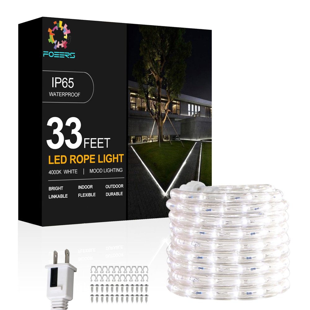 FOEERS 33FT White LED Rope Lights Outdoor,Flexible Tube Rope Lights Plug in,Connecting Rope Lights for Deck,Patio,Camping,Porch,Christmas Holiday Decoration