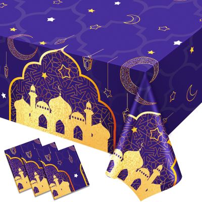 3-Piece Purple and Gold Tablecloth Set - 42.5 x 70.9 Inch Plastic Table Covers for Birthday Party Decorations, Nights Theme Supplies