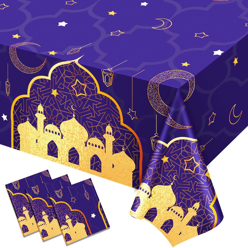 3-Piece Purple and Gold Tablecloth Set - 42.5 x 70.9 Inch Plastic Table Covers for Birthday Party Decorations, Nights Theme Supplies