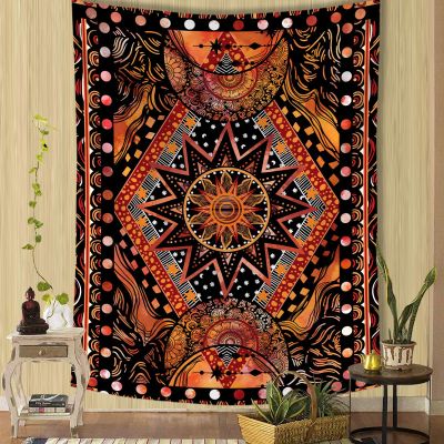 Fowocu Orange Sun and Moon Tapestry Wall Hanging, Indie Hippie Mandala Cool Wall Tapestries, Aesthetic Tapestry for Bedroom Living Room Dorm (Orange, 70.8'' 90.5'')