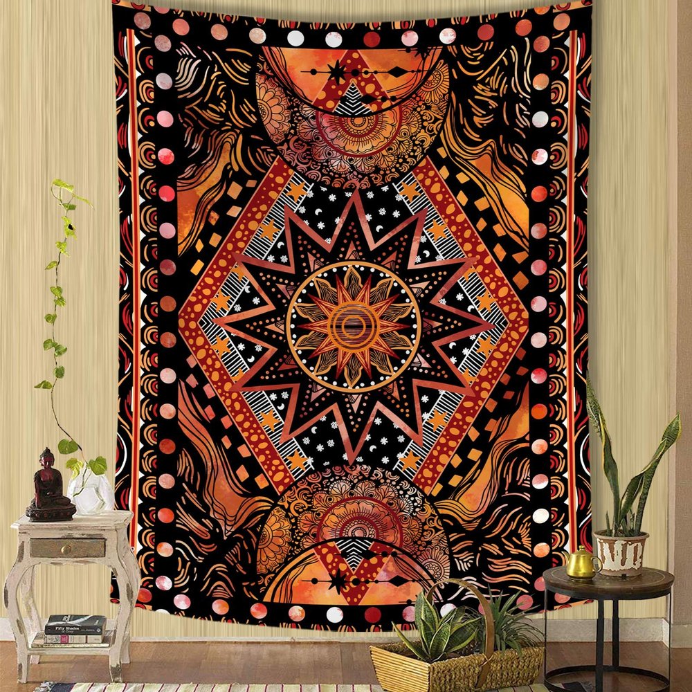 Fowocu Orange Sun and Moon Tapestry Wall Hanging, Indie Hippie Mandala Cool Wall Tapestries, Aesthetic Tapestry for Bedroom Living Room Dorm (Orange, 70.8'' 90.5'')