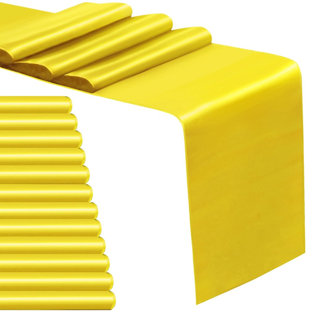12 Pack Satin Table Runner 12 x 108 Inch Long Satin Table Runners for Wedding Banquet Graduations Birthday Party Decoration (Yellow)