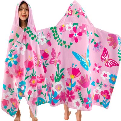 VOOVA & MOVAS Todder Beach Towel with Hood, (3-8 Years, 30''X50),Absorbent 100% Cotton Towel Wrap for Boys, Perfect for Toddler Beach, Pool, Bath, Swimming, Flower Butterfly