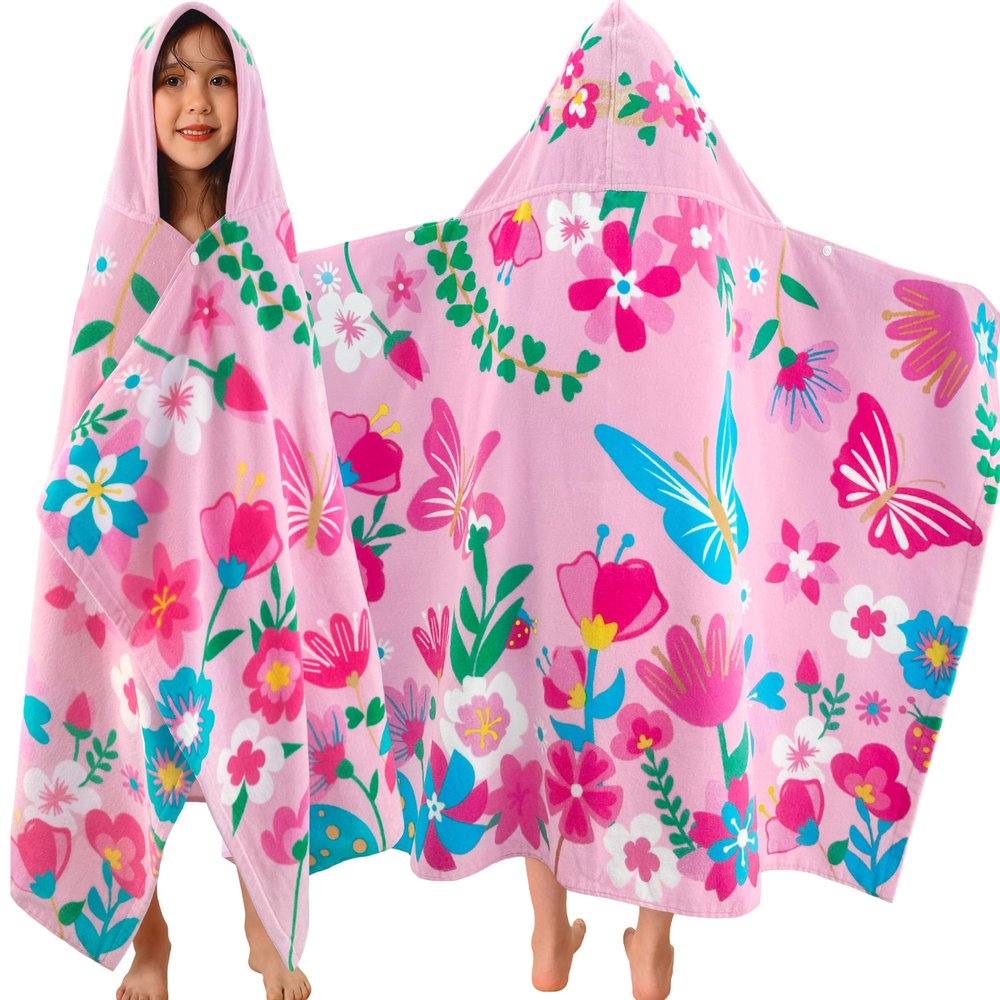VOOVA & MOVAS Todder Beach Towel with Hood, (3-8 Years, 30''X50),Absorbent 100% Cotton Towel Wrap for Boys, Perfect for Toddler Beach, Pool, Bath, Swimming, Flower Butterfly