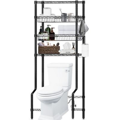Folews Bathroom Organizer Over The Toilet Storage, 4-Tier Metal Bathroom Over Toilet Storage Shelf Rack Freestanding Space Saver with Adjustable Shelves and Baskets, Black