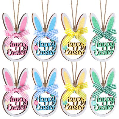 8 Pieces Easter Rabbit Tree Ornament Wooden Hanging Bunny Ornaments with Plaid Bow and Rope Wood Hollowed Out Easter Ornaments Cute Spring Hanging Decorative for Home Garden Decor (Cute)