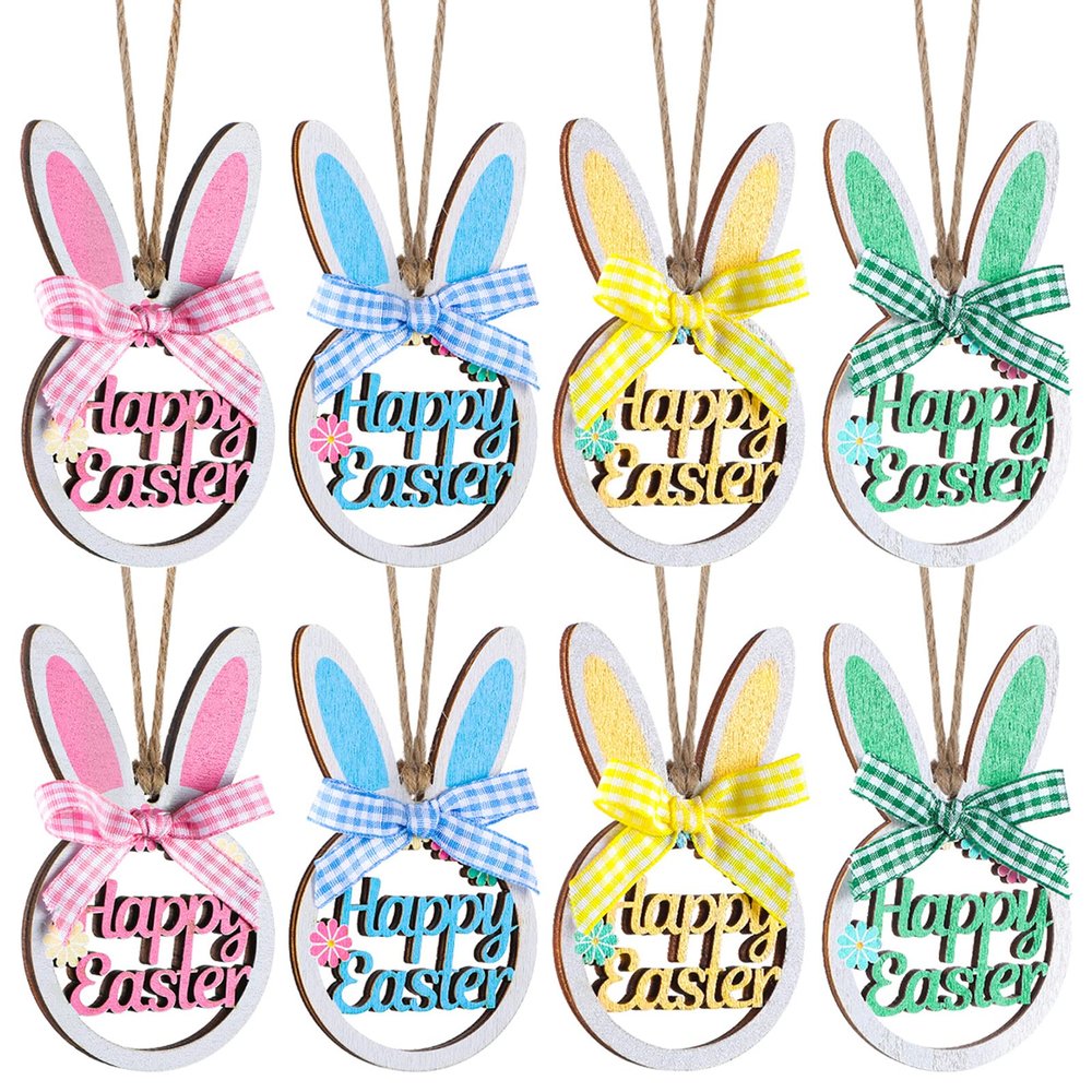 8 Pieces Easter Rabbit Tree Ornament Wooden Hanging Bunny Ornaments with Plaid Bow and Rope Wood Hollowed Out Easter Ornaments Cute Spring Hanging Decorative for Home Garden Decor (Cute)