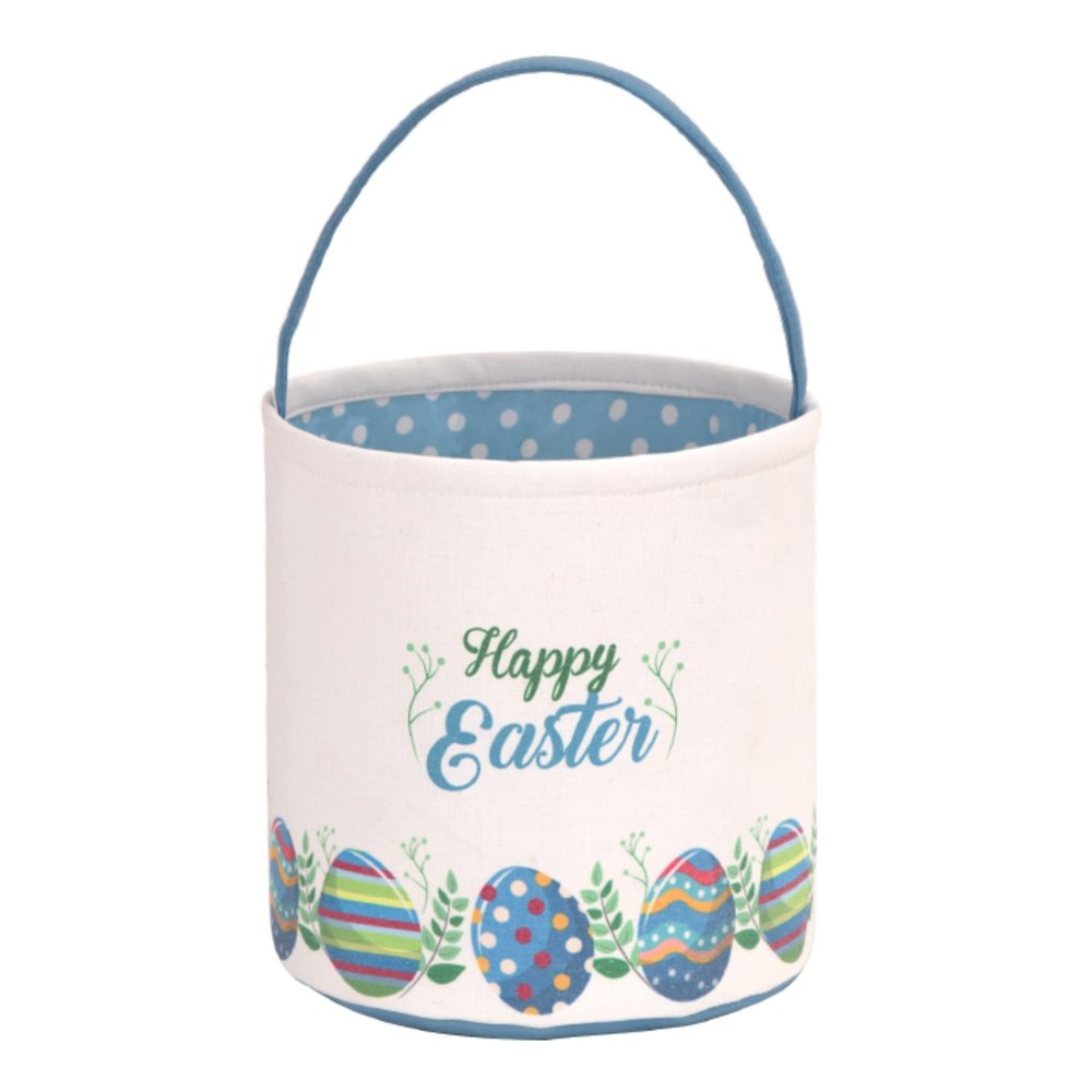 LessMo Easter Bunny Basket Egg Buckets Gifts Tote Bags, Canvas Cotton Blue Cute Personalized Egg Hunt Basket Stuffers for Easter Party