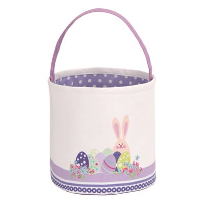 LessMo Easter Bunny Basket Egg Buckets, Purple Cute Personalized Canvas Cotton Tote Bags Egg Hunt Basket for Easter Party Gifts