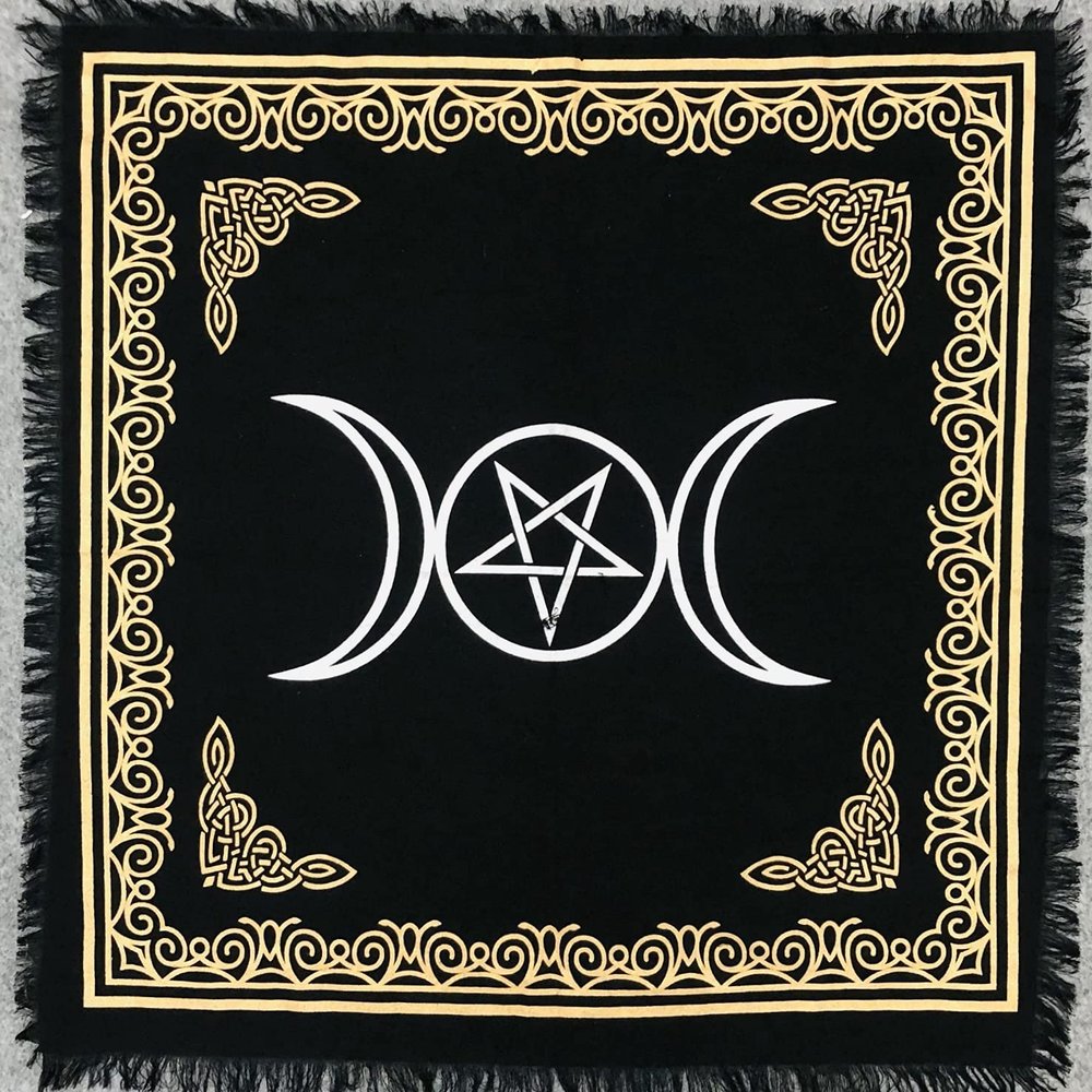 THE ART BOX Altar Tarot Cloths 36x36 Inch- Triple Goddess Pentagram Witchcraft Supplies Large Black Gold Sacred Tablecloth Spread Square Alter Pagan Spiritual Celestial Deck Cloth with Fringes