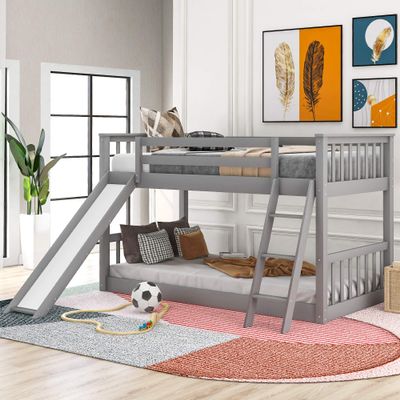RUNNA Modern Twin Over Twin Low Bunk Bed with Convertible Slide and Ladder,Wooden Bunk Bed Frame with Safety Guardrails and Slats Support for Kids/Teens,No Box Spring Needed (Gray+Pine/MDF)