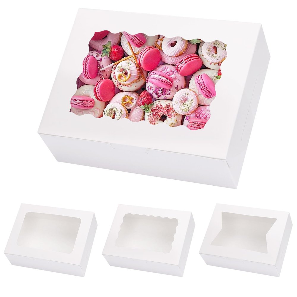 Moretoes 48pcs Cookie Boxes with Window, 8x6x2.5 Inch 3 Style Pastry Boxes for Treat, Chocolate Covered Strawberries, Candy, Muffins, Donuts
