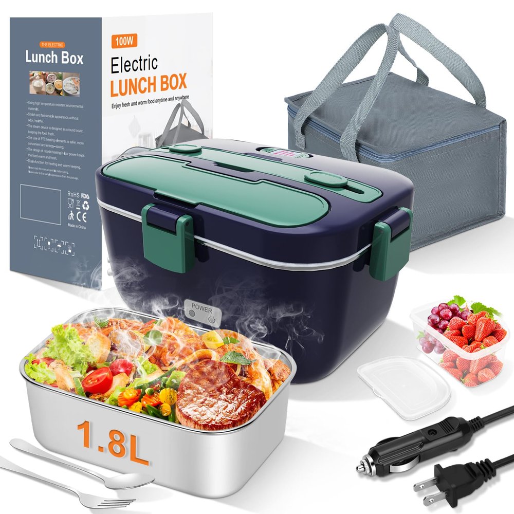 DUPASU Electric Lunch Box Food Warmer: 100W Heated Lunch Box for Adults, 1.8L Portable Fast Heating Lunchbox Food Heater for Car, Truck, Work, Travel, Lonchera Elctrica Porttil 12/24V/110-230V