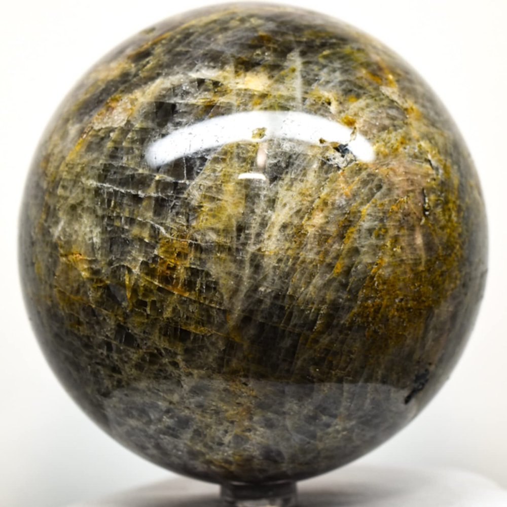 Large 95mm 2.6LBs Black & Golden Moonstone Sphere Polished Natural Sparkling Feldspar Gemston Crystal Mineral Ball - Madagascar + Stand