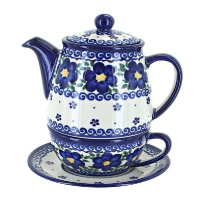 Blue Rose Polish Pottery - Blue Spring Blossom Tea For One - 7.5" Tall - Decorative Teapot with Matching Cup, Unique Gift for Tea Lovers and Collectors
