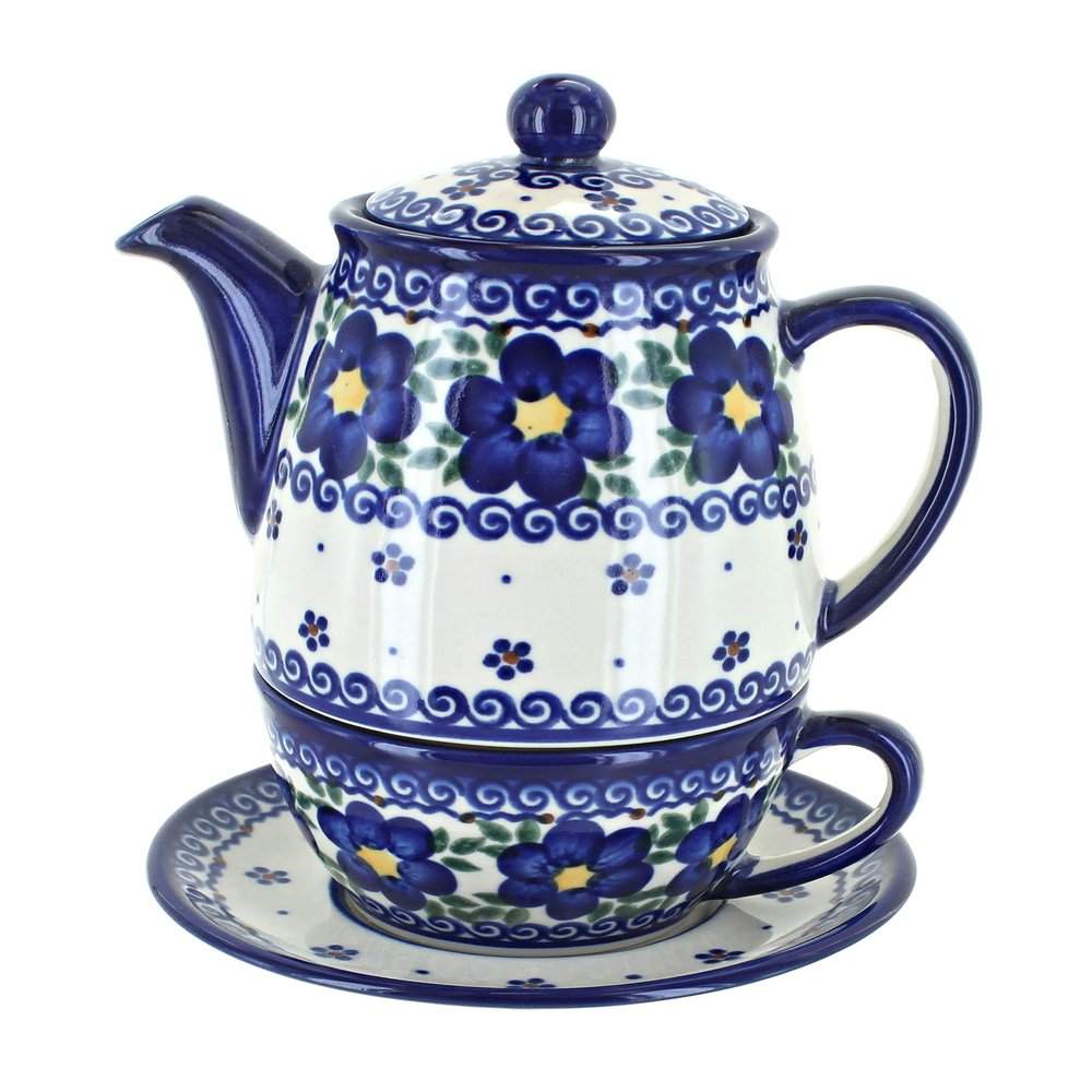 Blue Rose Polish Pottery - Blue Spring Blossom Tea For One - 7.5" Tall - Decorative Teapot with Matching Cup, Unique Gift for Tea Lovers and Collectors