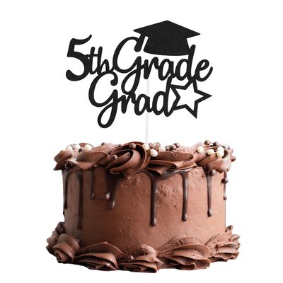 5th Grade Grad Cake Topper, Black Glitter 5th Grade Graduation Decorations 2025, Boy Girl Kids Fifth Grade Graduation Party Decorations 2025 (Black)