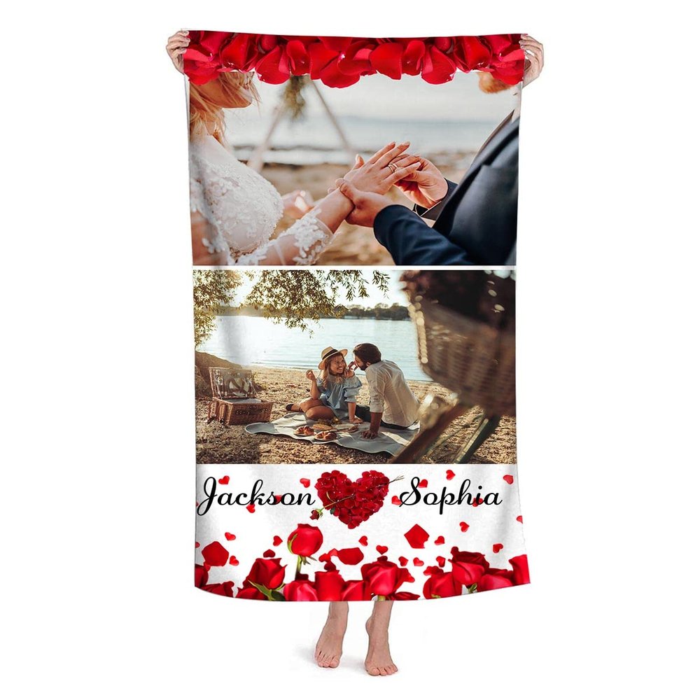 Artsadd Custom Photo and Name Towel Valentine Rose Personalized Face Towels Bath Towels for Bathroom Swimming Outdoor Camping Sports Novelty Yoga Mat Oversized Big Blanket Gift for Girlfriend