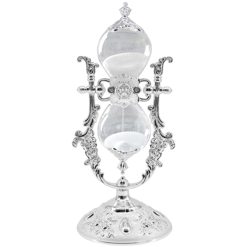Hourglass Sand Timer Decorative,11.8inch Tall,360 Rotating Metal White Sand Watch 30 Min,Antique Hour Glass Decor for Office Desk- Crafts,Ornaments(Silver)