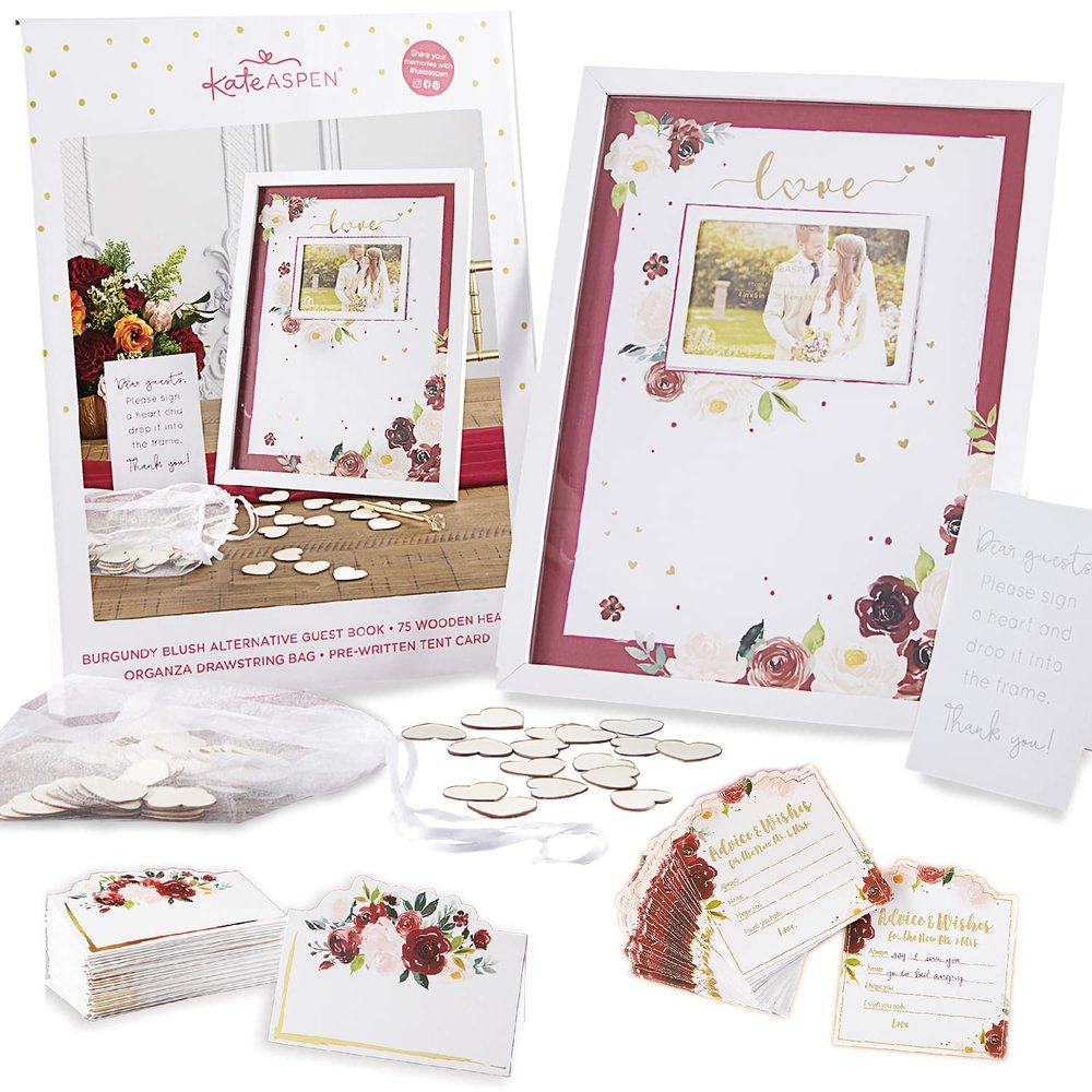Kate Aspen Burgundy Blush Floral Wedding Guest Book Alternative, 50PCS Advice Card & 50PCS Tent Place Card- Decor Favors for Wedding, Bridal Shower, Birthday & Tea Party