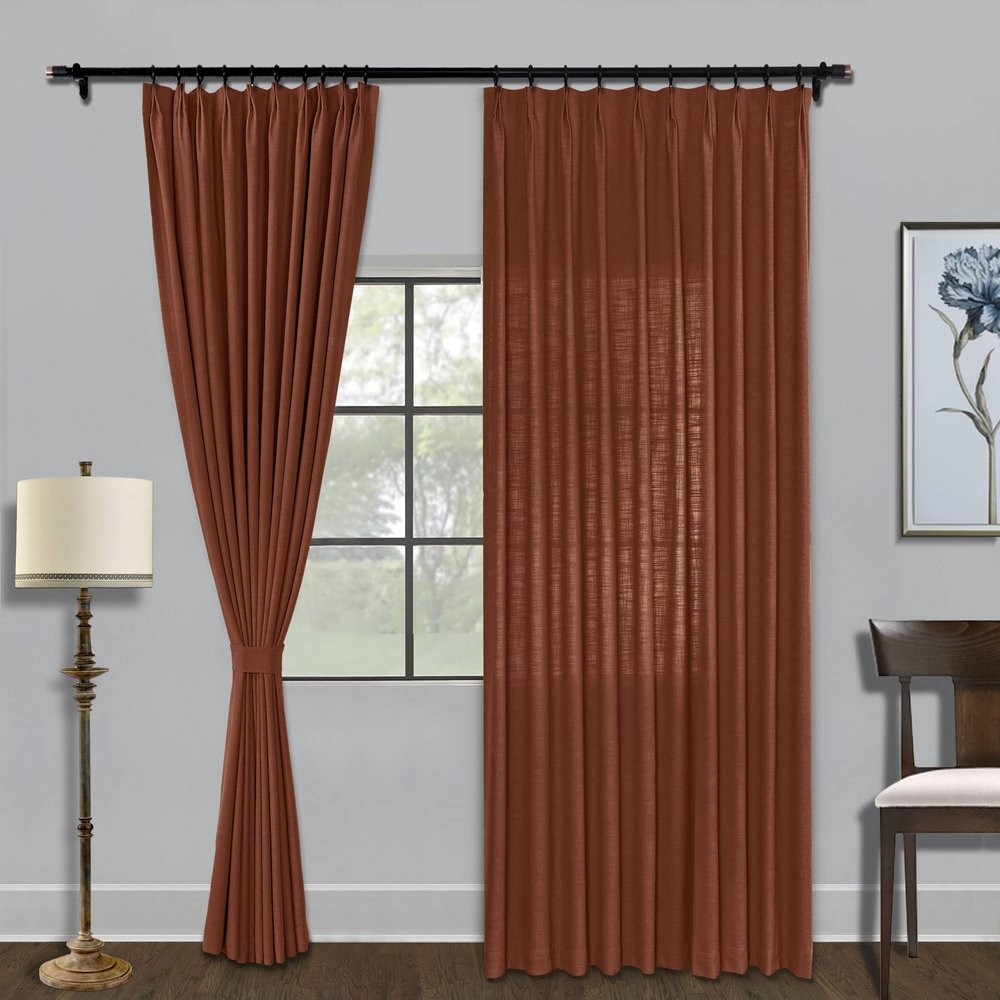 Fcosie Faux Linen Room Darkening Curtain Pinch Pleat Curtain Panels with Tiebacks Extra Wide Curtains for Sliding Glass Door (2 Panels), Width 120 x Length 96 Inches, FireBrick