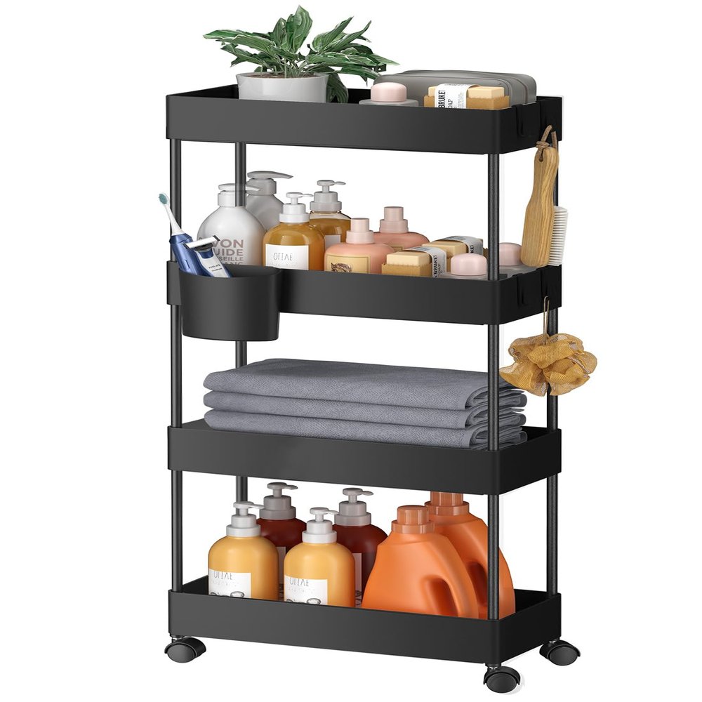 Pipishell Slim Storage Cart with Wheels - Bathroom Cart Organizer Storage, 4 Tier Rolling Carts for Bathroom, Laundry Room, Kitchen, Narrow Space, Black PIUC05