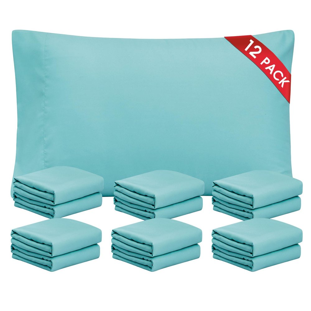 FreshCulture Spa Blue Pillowcases Queen Size 12 Pack - Bulk Pillowcase Set - Envelope Closure - Soft Brushed Microfiber Fabric - 20x30 Inches Pillow Case Set of 12 for Home, Hotels, Schools