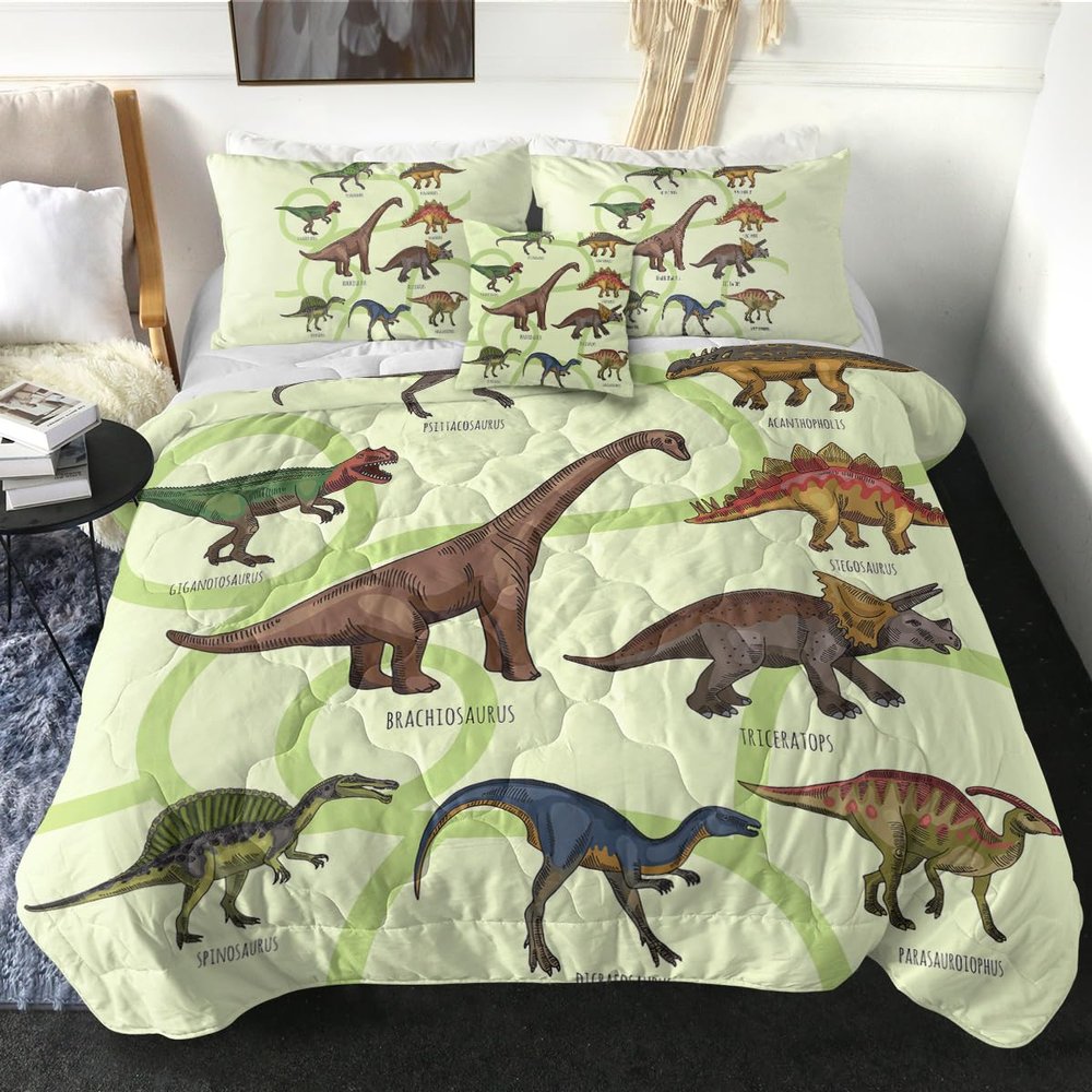 Sleepwish Dinosaur Twin Comforter Set for Kids Boys, Green, Teen Dinosaur Bedding Set, 4 Piece Watercolor Dinosaur Pattern Bedset (Twin)