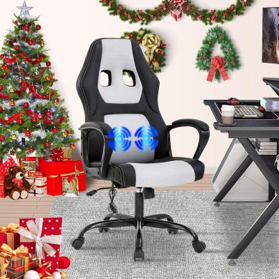 Gaming Chair Massage Office Chair Ergonomic Video Game Chairs Adjustable Reclining Computer Chair with Lumbar Support Armrest Headrest Rolling Swivel Chair Game Chair for Adult Teen - White